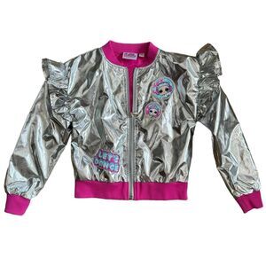 LOL Surprise Girls S 6/6X Silver & Pink Bomber Jacket Ruffle Sleeves